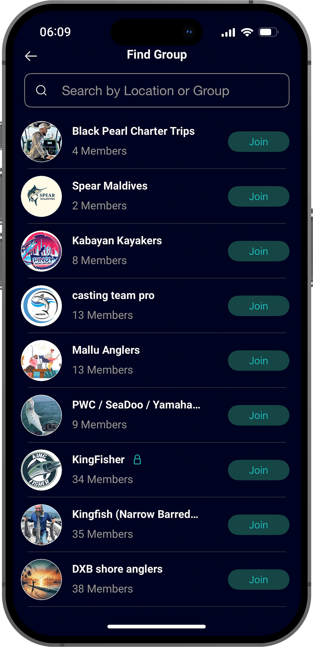 Elite Fishin' app — Groups